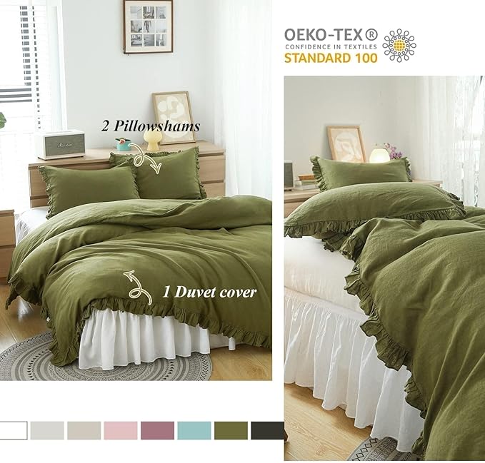 Simple&Opulence 100% Linen Duvet Cover Set, 3 PCS Natural French Flax Ruffle Duvet Cover Queen Size, Breathable Comfy Linen Bedding Comforter Cover with 2 Pillowcases (Olive Green, 88" X 92")