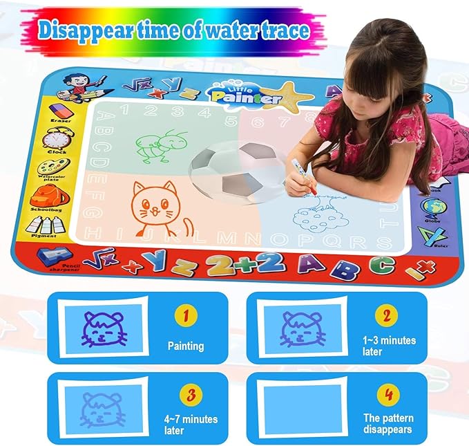 Alago Aqua Coloring Mat,Kids Toys Large Water Painting Mat,Toddlers Doodle Pad with 4 Colors,Gifts for Girls Boys Age 3 4 5+ Years Old,4 Pens,Drawing Molds and Booklet Included