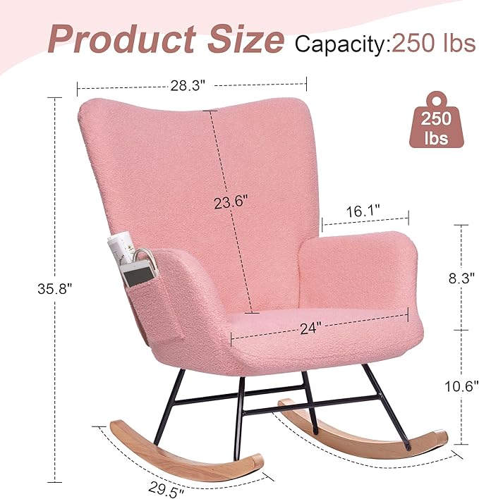 VECELO Rocking Chair Nursery Teddy Upholstered Glider Rocker with High Backrest, Padded Seat, Side Pocket, for LivingRoom, Bedroom, Baby Room