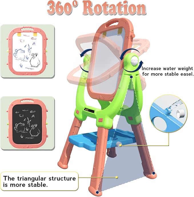 Kids Easel, Kids Toys Rotatable Double Sided Chalk Board Adjustable Height Standing Toddler Easel with 79pcs Accessories Art Set, Pink