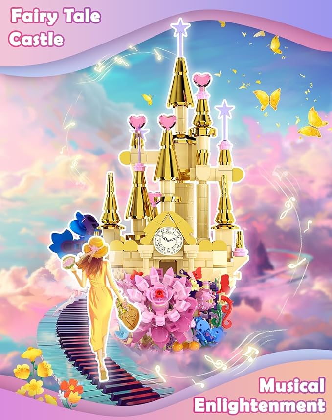 Flowers Castle Building Sets with Piano Keyboard for Kids and Adults, 771PCS Light Up Botanical Building Blocks Musical STEM Toys, Carnival Birthday Gifts for Girls and Boys Aged 6-12+