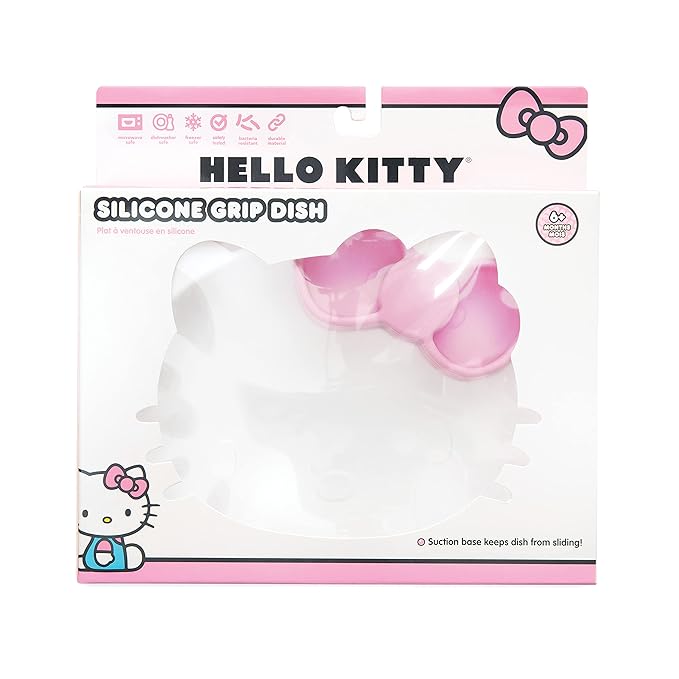 Bumkins Toddler and Baby Suction Plate, Silicone Grip Dish, Baby Led Weaning, Kids Feeding Supplies, Non Skid Sticky Bottom, Platinum Silicone, for Children Ages 6 Months Up, Hello Kitty