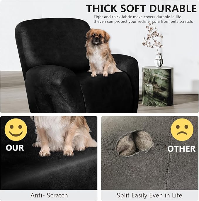 Leather Like Recliner Chair Covers Heavy Duty, 4 Pieces Lazy Boy Recliner Cover for Recliner Chair, Leather Cover for Recliner slipcovers Washable for Pets (Black)
