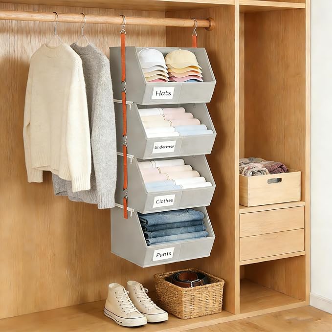 4 Pcs Modular Closet Organizer - Detachable & Foldable Hanging Storage Cubes, 88L Total Capacity, Heavy Duty Fabric Shelves for Wardrobe, Closet Organization, RV, Dorm, Grey