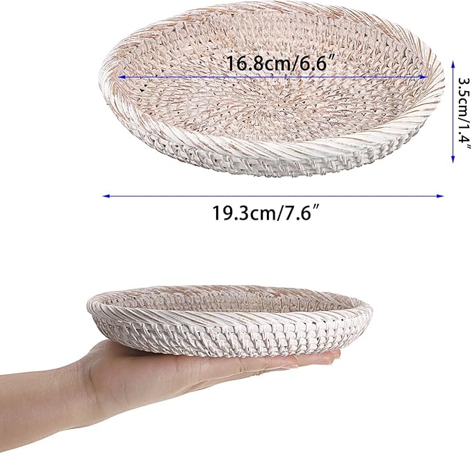 Hipiwe Small Key Basket Bowl for Entryway 7.6" Round Woven Wicker Basket Fruit Serving Tray Woven Basket Wall Decor Rattan Organizer Basket for Keys, Wallet,Whitewash