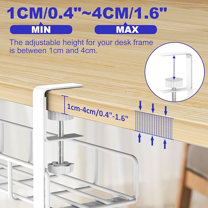 15.7” Under Desk Cable Management Tray, No Drill Steel Cable Tray Organizers, Wire Management Tray Cable Rack with Clamp Mount, Metal Under Desk Tray with Wire and Cord Organizer (White, 1 Pack)
