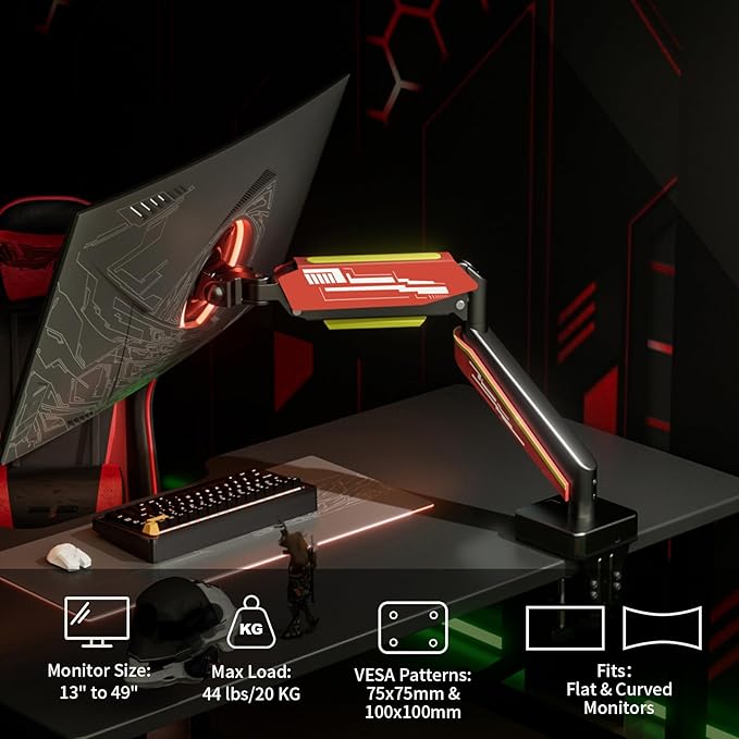 Heavy Duty Monitor Arm for Ultrawide Screen up to 49 inches,44 lbs,Gas Spring Desk Mount Stand, Premium Fully Adjustable Bracket with C Clamp, Grommet Base, VESA 75x75/100x100mm (Black)