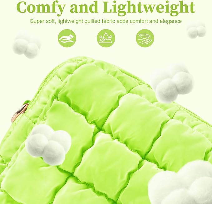 Puffer Quilted Makeup Bag Cosmetic Bags,Puffy Travel Toiletry Pouch for Women,Cute Checkered Zipper Bag Travel Essential,Portable Aesthetic Make up Organizer Bag for Gifts Work Daily(LightGreen,S)