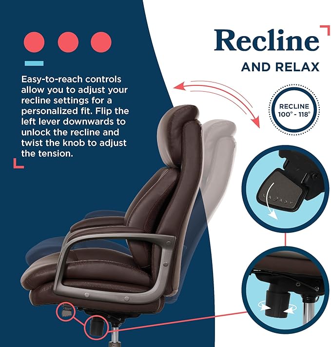 La-Z-Boy Nova Vegan Leather Modern Executive Ergonomic Design Office Chair, Memory Foam Thick Contoured Seat Back with Patented Lumbar Support Technology, Soft to Medium Sit Comfort, Brown