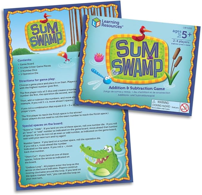 Learning Resources Sum Swamp Game, Homeschool, Addition/Subtraction, Early Math Skills, Math Games for Kids, Educational Board Games, 8 Pieces, Ages 5+, multi-color