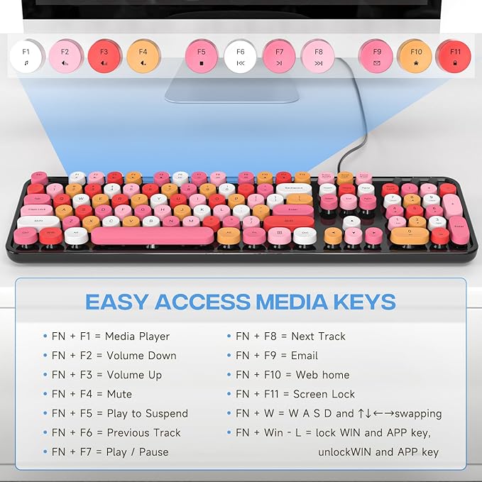 Computer Keyboard Wired, Plug and Play USB Retro Round Typewriter Keyboard, Full Size Wired Keyboard with Foldable Stands for Laptop and Office PC- Black Colorful