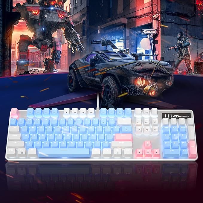 MageGee Mechanical Gaming Keyboard, New Upgraded Blue Switch 104 Keys White Backlit Keyboards, USB Wired Mechanical Computer Keyboard for Laptop, Desktop, PC Gamers(White & Blue)