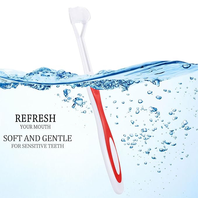 Boao 4 Pieces Three Sided Toothbrush Autism Sensory Toothbrush Bristle Travel Brush for Kids Complete Teeth Gum Care Good Angle Clean Tooth, Soft and Gentle(Red)