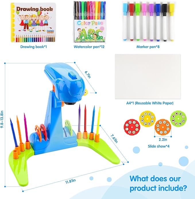Enjoy Myself Kids Projection Drawing Toy,Smart Kids Projection Drawing Sketcher with 32 Cartoon Patters,Adjustable Art Sketcher Projector with 12-Color Watercolor Pens,8-Color Erasable Pens,Blue