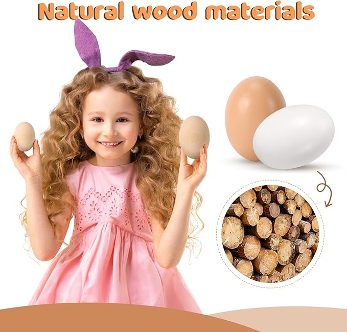 Large Wooden Eggs,3.1x2.3 inches 4 Count Unpainted Wooden Eggs in Carton for Painting, Crafts, and Dyeing, Food Toys for Kitchen Play and Room Decor
