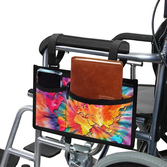 ZOUTAIRONG Tie-Dye Map Wheelchair Side Bag Power Wheelchair Bag Walker Bag Walker Organizer Pouch Tote for Rollator and Folding Walker Wheelchair Bags to Hang on Side Wheelchair Accessories