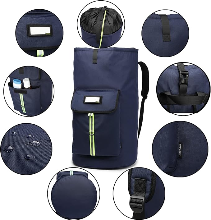 SUOVOCK laundry bag backpack,extra-large heavy duty laundry bags,laundry backpack for college students,drawstring closure (Dark blue laundry bag backpack)