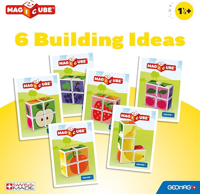 GEOMAG MagiCube Fruit 4-Piece Magnetic Cubes Building Set, Toddlers & Kids Ages 1.5+, STEM-Endorsed Educational Toy, Swiss-Made, Creativity & Early Learning Fun, 6 Adorable Building Ideas