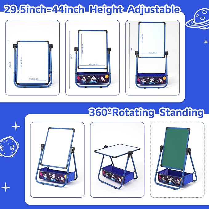 Kids Art Easel with 29.5inch-44inch Height Adjustable Whiteboard&Chalkboard Double Sided Easel 360°Rotating Standing Art Easel for Kids Blue