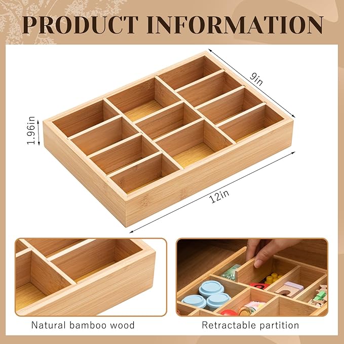 Weysat 2 Pcs Removable Bamboo Wood Desk Drawer Organizer with 8 Dividers 12"x8" Office Desk Organizer Tray Divider Drawer for Office Supplies Makeup Jewelry Vanity