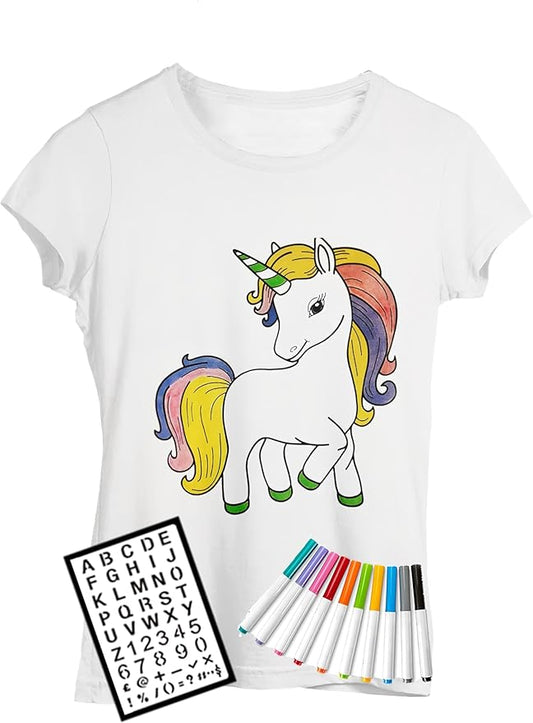 Coloring Shirt Kit for Girls with 10 Fabric Markers and Alphabet Stencil - DIY Arts and Crafts, Unicorn, Mermaid and Birthday Girl