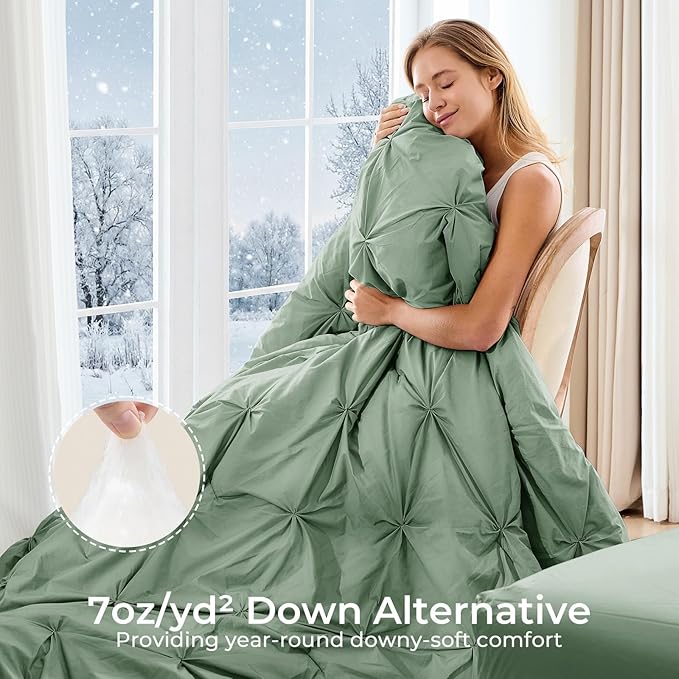 Sasttie California King Comforter Set, 7-Piece Bed in a Bag Cal King, Pintuck Bedding Set for All Season, Includes Comforter, Flat Sheet, Fitted Sheet, Pillowcases and Pillowshams, Sage Green