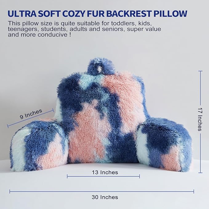 Faux Fur Reading Pillows - Big Size 30x17x17 Inches with Premium Pure White Micro Fiber Stuffing, Students & Kids Backrest Pillow, Bed Rest Pillow, Unique Colorful Design, Awesome Gift