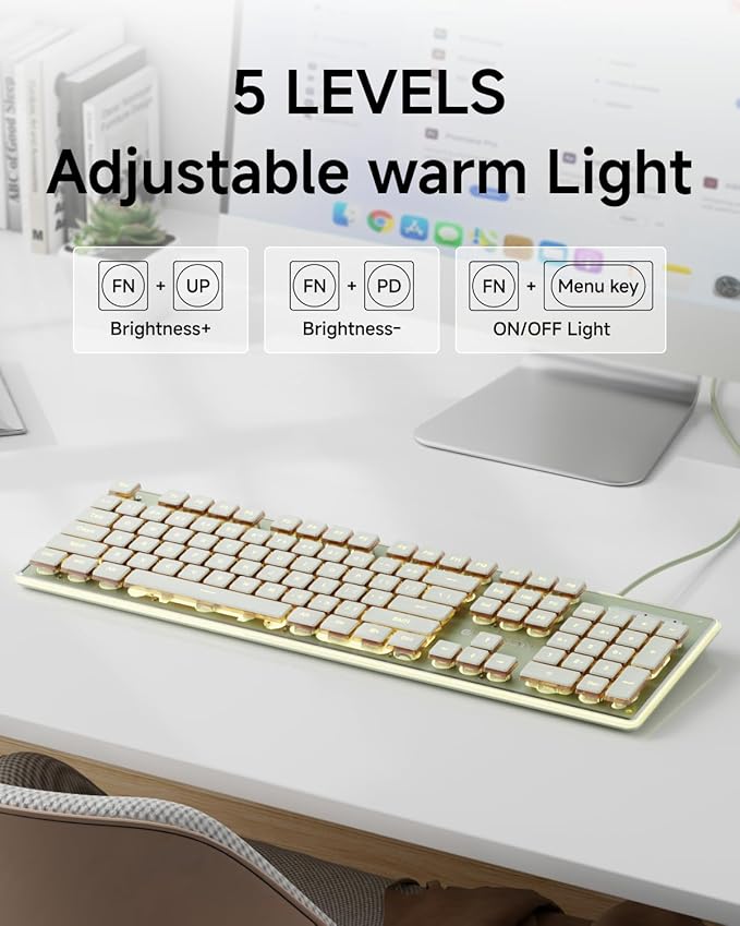 EWEADN GX710S Backlit Computer Keyboards, Wired USB Keyboard with Warm Backlit, Metal Panel, Plug and Play, Pudding Keycaps Full Size Quite Computer Keyboard for Win/PC/Laptop-Green