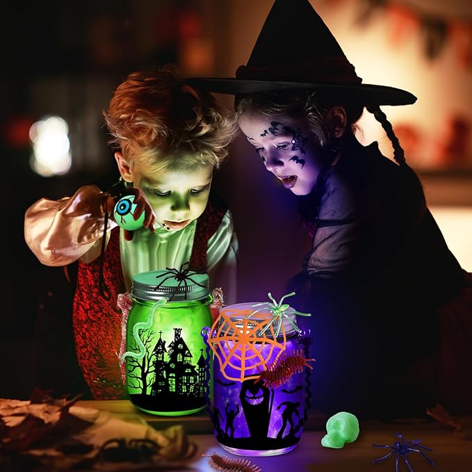 Halloween Crafts Activities For Kids Ages 4-12,6 Pack Glass Mason Jar for School Halloween Art Activities,Halloween Craft Supplies,DIY Lantern Jar for Gifts Halloween Party Favors,Classroom Prizes