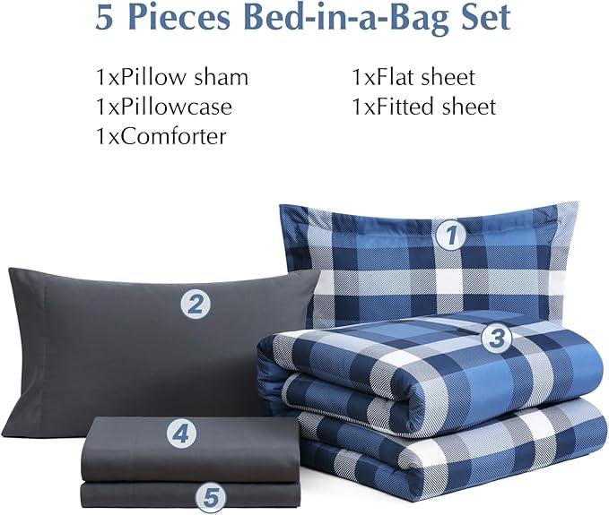 MaiRêve Twin XL Plaid Comforter Set Indigo Blue, Classic Checkered 5 Pieces Bedding Set for Boys Girls Teen, All Season Lightweight Bed in A Bag with Sheets, Pillowcases & Shams