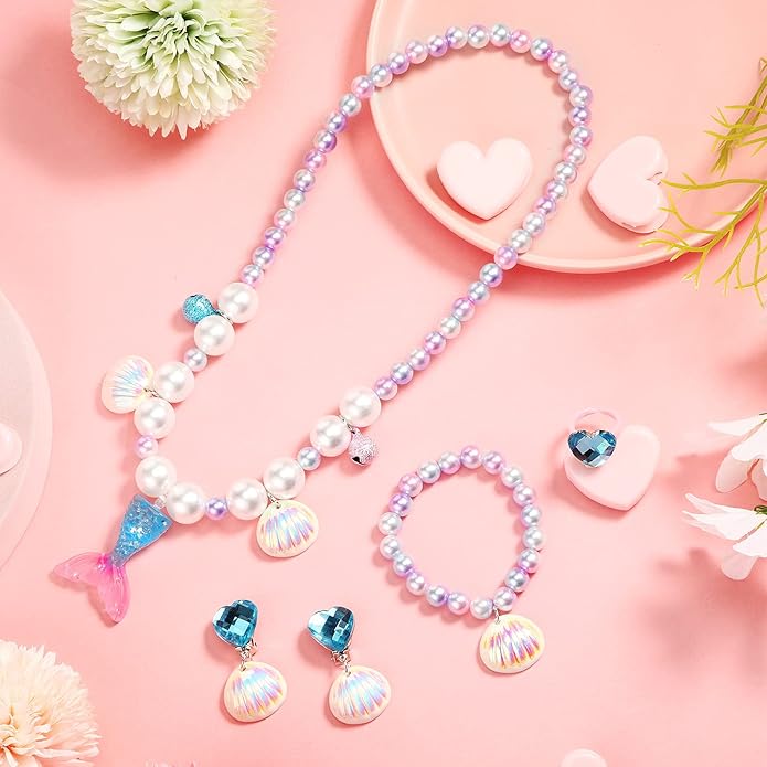 Jadive Mermaid Jewelry for Girls, Kids Mermaid Necklace Bracelet Ring Earrings Set Jewelry Gifts for Kids Toddler Pretend Play Christmas Dress up Party Decorations