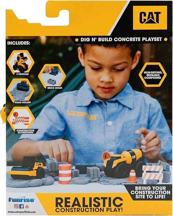 CAT Construction Toys, Dig N' Build Concrete Playset with 10 Oz of Compound, 2 Little Machine Vehicles, Ages 3+