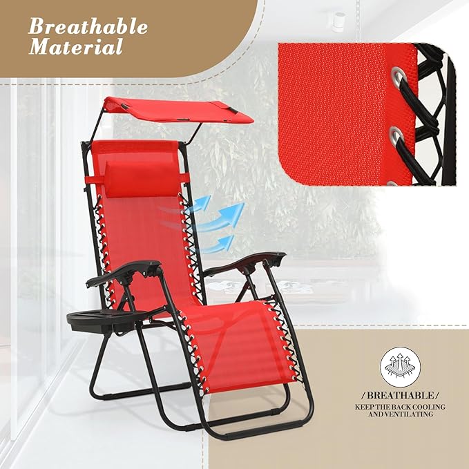 Athena Collection Zero Gravity Outdoor Lounge Chair Set of 2 with Canopy Shade, 25" Width Pool Lounge Lawn Chairs Reclining with Cup Holder, Outdoor Chaise for Beach Patio Outside, Red