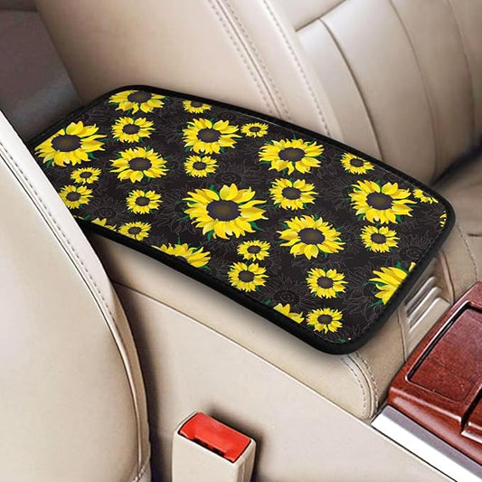DORKEIXIA Sunflower Flower Floral Black Auto Center Console Armrest Pad Universal Car Center Console Cover Seat Box Cover for Sedan, Van, SUV, Truck Car Accessorie