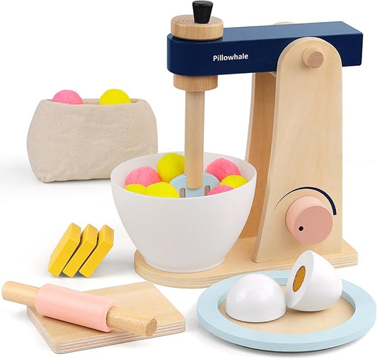 Kids Kitchen Playset, Wooden Toy Mixer with Toy Food, Toddler Baking Set Stand Mixer, Pretend Play Toy Blender for Boys and Girls Ages 3+