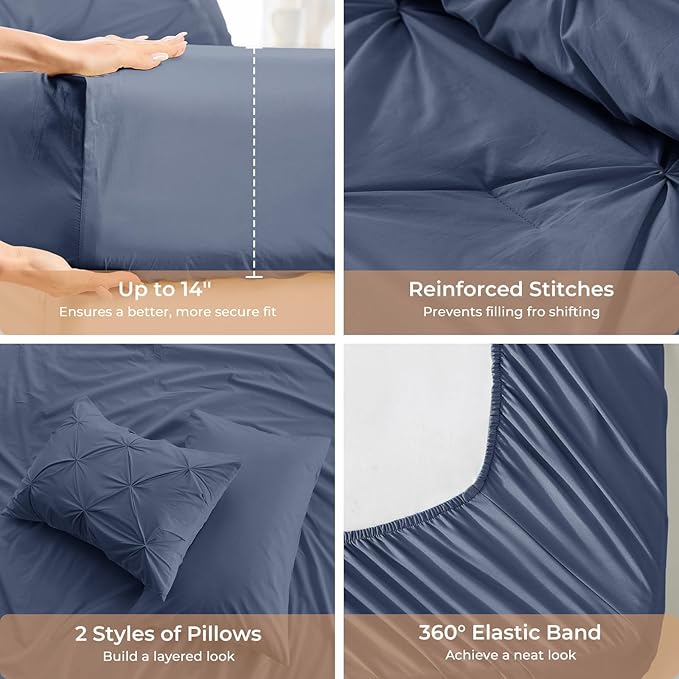 Sasttie Queen Comforter Set, 7-Piece Bed in a Bag, Pintuck Bedding Sets for All Season, Includes Comforter, Flat Sheet, Fitted Sheet, Pillowcases and Pillowshams, Indigo Blue
