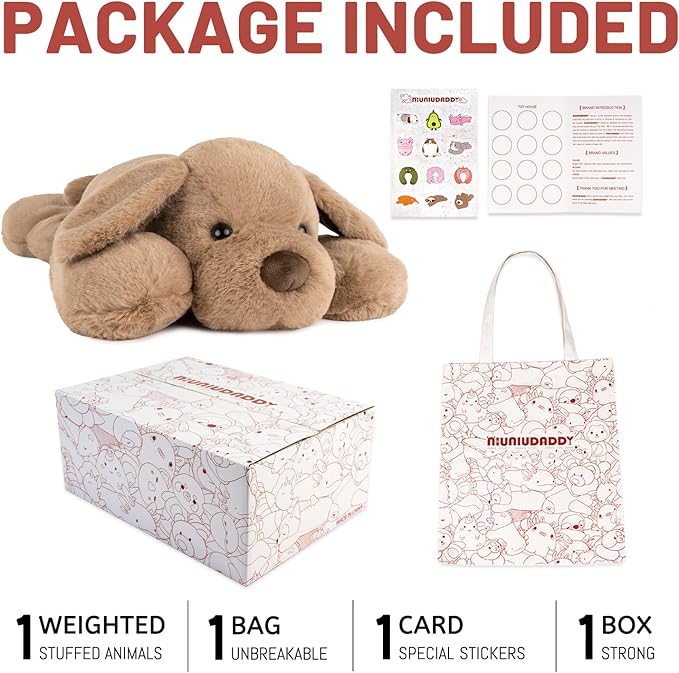 Niuniu Daddy Weighted Dog Stuffed Animals for Anxiety, 3.3lb Weighted Plush Dog Toy Pillowfort for Adults Kids Girls Boys, Large Stuffed Puppy Plush Pillow as Gift for Valentine Include Bag Sticker