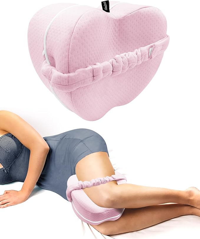 SPRING SEAON Knee Support Pillow for Side Sleepers – Deep Contour Memory Foam Leg Pillow with Adjustable Strap for Sciatica, Hip, Back & Knee Pain Relief – Breathable, Washable Cover, Pink