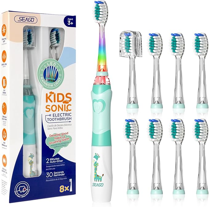 SEAGO Kids Electric Toothbrush with 2 Mins Brushing Timer and 8 Replacement Bursh Heads,Rainbow LED Light Make Brushing Fun, Blue Color Boys Battery Powerd Toothbrush for 4-12 Years Old