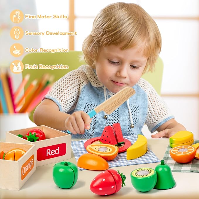 JOCY Wooden Play Food Set for Kids Kitchen – 24 Pcs Montessori Cutting & Sorting Fruits with 4 Boxes, Pretend Play Toys for Toddlers 3+, Educational Gift for Kids