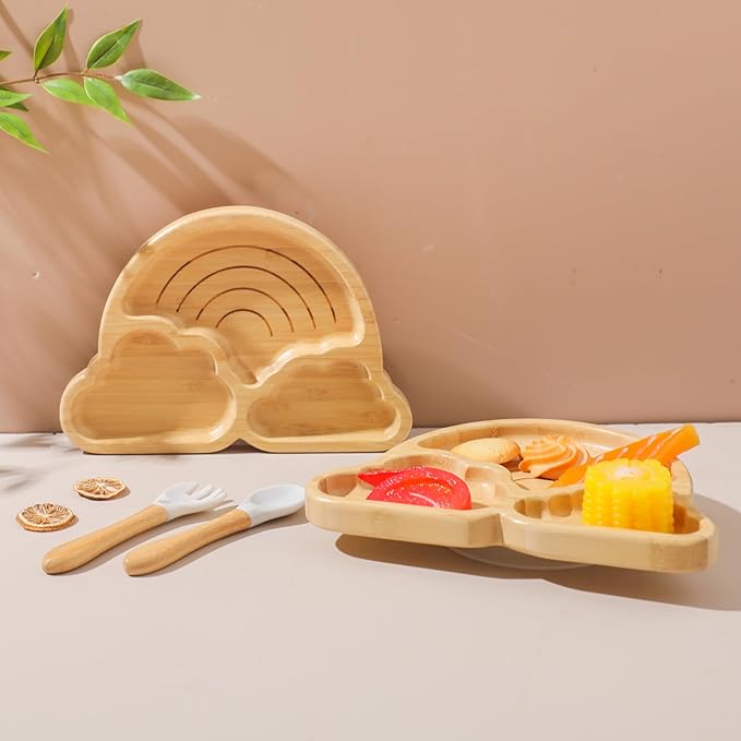 let's make Marble Plate Set, 4 Pieces Bamboo Suction Place Setting for Baby-Led Weaning Feeding Set, Rainbow Design
