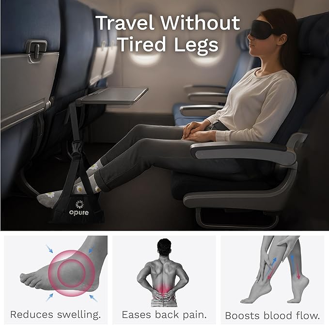 Airplane Foot Hammock for Plane Travel - Adjustable Foot Rest with Sleep Eye Mask Set- Best Airplane Gadgets - Long Flight Must Haves for Comfortable Leg Support