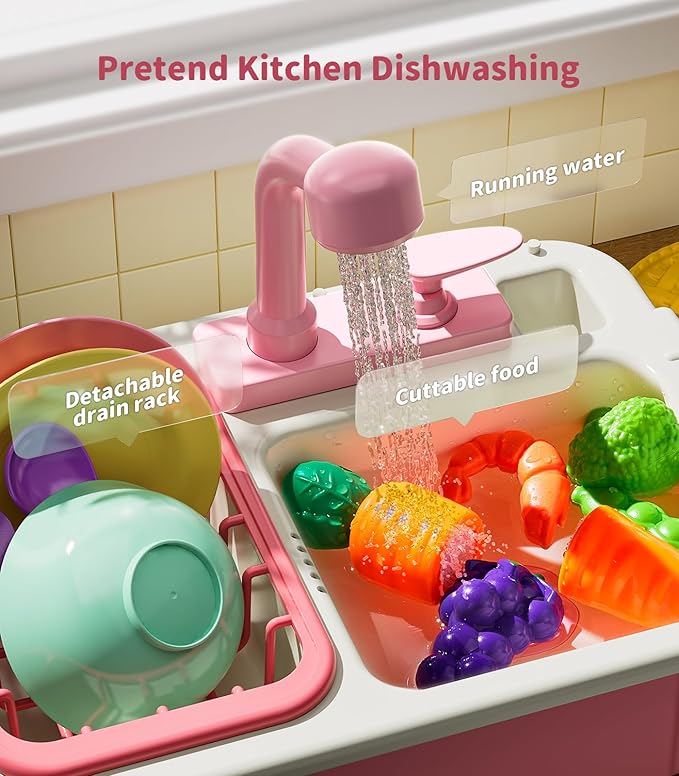 Geyiie Kids Sink with Running Water, Toddler Kitchen Sink Toy with Real Faucet, Chopping Foods, Play Dishes and Dish Rack, 30Pcs Pretend Dishwasher Toys Accessories, Learning Gift for Girls Boys