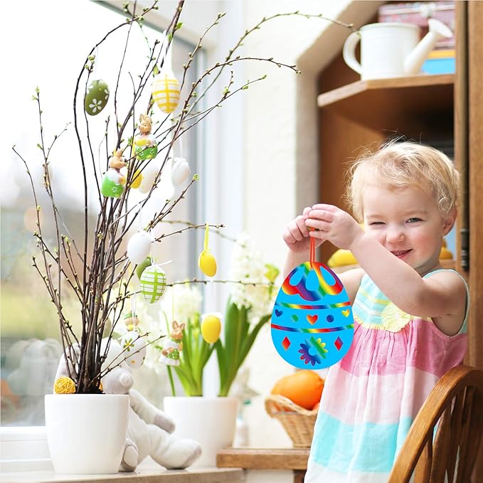 32 Sets Magic Color Scratch Art Easter Egg Ornaments Decorations DIY Easter Craft Kits Scratch Paper Easter Egg Scratching Tools for Kids Party Favors Easter Spring Classroom Home Activity Art Project