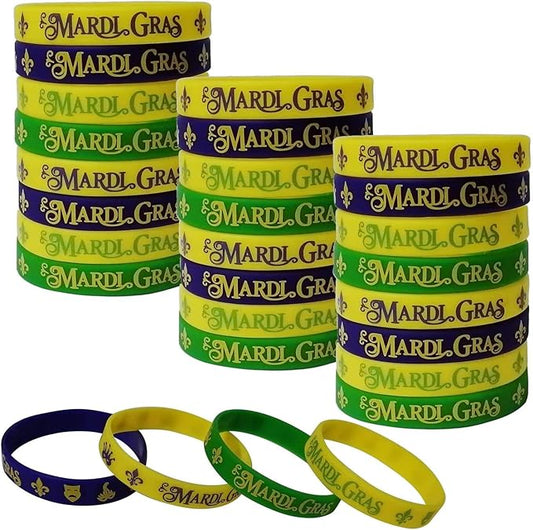 48 Pack Mardi Gras Party Favors Rubber Bracelets - Carnival Birthday Party Supplies Decorations Goodie Bag Stuffers Fillers Silicone Wristbands