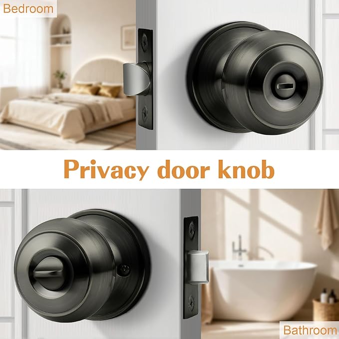Probrico Satin Gunmetal Door Knobs for Bedroom Bathroom, Interior Door Knob with Round Ball, Grey Privacy Door Knob, 3 Pack