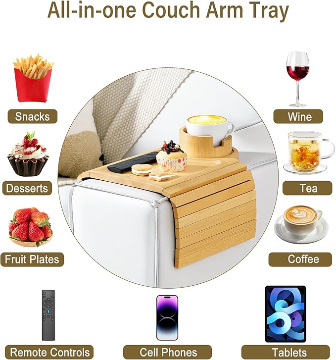 Couch Arm Tray, Bamboo Sofa Table for Couch, Sofa Arm Tray with Cup Holder, Non-Slip Armrest Organizer for Drink, Cup, Snack, Control, Easy to Clean, Natural