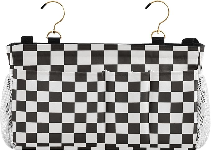 Checkered Black Bedside Caddy for Dorm Bed Bedside Hanging Caddy Bag Iron Frame Storage Organizer Pocket for Bunk Home College Hospital Beds 2 Hooks