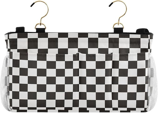 Checkered Black Bedside Caddy for Dorm Bed Bedside Hanging Caddy Bag Iron Frame Storage Organizer Pocket for Bunk Home College Hospital Beds 2 Hooks