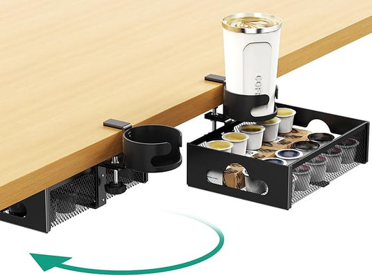 Desk Cup Holder with Drawer Organizer, Anti-Spill Clip-On Table Cup Hook with 360° Rotation Hidden Storage Box for Office Home Gaming Table (Black)